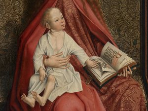 (Detail) der Madonna, gekrönt von Engeln von Master of the Embroidered Foliage