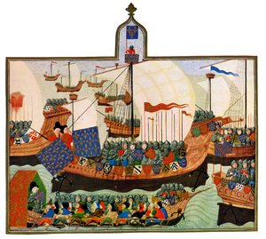 Die Expedition der Franzosen und Genuesen nach Barbary, 15. Jahrhundert von Master of the Harley Froissart