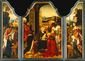 Triptychon: Anbetung der Könige, mit dem heiligen Jakobus, der den Stifter präsentiert, und der heiligen Katharina von Alexandria, die die Frau und zwei Töchter des Stifters präsentiert