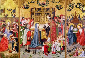 Altarbild der sieben Freuden der Jungfrau, Darstellung der Anbetung der Könige, der Darstellung im Tempel und des Erscheinens Christi vor Maria, ca. 1480