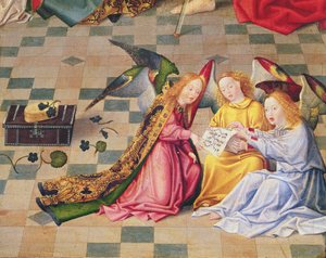 Engelmusiker vom rechten Flügel des Altars der Sieben Freuden der Jungfrau, um 1480 (Detail) von Master of the Holy Family