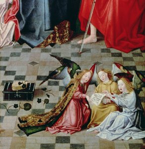 Die sieben Freuden der Jungfrau Altarbild: Detail von drei singenden Engeln, ca. 1480 (Detail) von Master of the Holy Parent