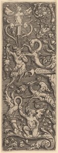 Ornament mit einem Amor, einem Satyr und grotesken Figuren