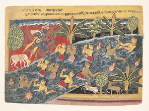 Die Gopis bitten Krishna, ihre Kleidung zurückzugeben: Folio aus Isarda Bhagavata von Master of the Isarda