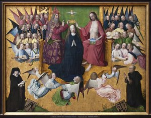Die Krönung Mariens. Darstellung der Heiligen Dreifaltigkeit: Gott, Jesus Christus und die Taube des Heiligen Geistes. von Master of the Lyversberg Passion