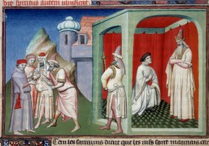 Johannes von Mandeville und der Sultan. Kontroverse zwischen Christen und Muslimen dargestellt von Jean de Mandeville, Entdecker aus Lüttich (1300-1372) und dem Sultan der Sarazenen. Miniatur in „Das Buch der Wunder der Welt“