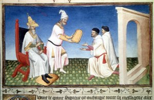 Marco und Mattia Polo erhalten Spenden von Kubilay Khan - Miniatur aus „Das Buch der Wunder“ („Devisement of the World“, „Il Milione“) von Marco Polo (1254-1324) (Ms. 2810, Folio 3v) illuminiert vom Meister von Mazarine, ca. 1410-1412