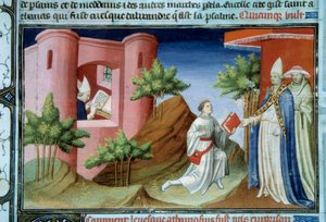 Papst Julius I. (280-337) trifft den Boten von Athanasius von Alexandria zur Zeit des Konzils von Sardica. Der Bote kam, um die Position des im Exil befindlichen Patriarchen in Alexandria zu verteidigen. Miniatur aus „Das Buch der Wunder der Welt“ von Master of the Mazarine