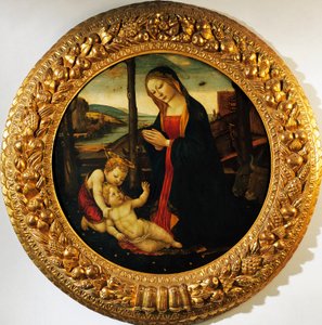 Madonna mit Kind und dem kleinen Johannes dem Täufer, Gemälde zugeschrieben dem Meister des Tondo Miller (Ende des 15. Jahrhunderts)