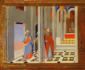 Der heilige Ambrosius verweigert dem römischen Kaiser Theodosius I. den Zutritt zur Kirche in Mailand (Detail) von Master of the Osservanza