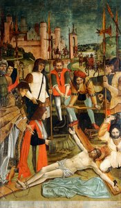 Christus ans Kreuz genagelt mit einem Spender mit einem Arm in einer Schlinge, präsentiert von einem Priester