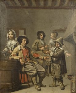 Junge schenkt einem Landmann ein Glas Wein ein, um 1650 von Master of the Processions