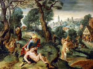 Das Gleichnis vom barmherzigen Samariter von Master of the Prodigal Son