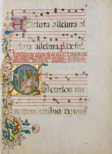 Manuskriptblatt mit der Feier einer Messe in einem Initial S