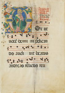 Manuskriptblatt mit dem Fest des Heiligen Andreas in einem Initial M ..., zweite Hälfte des 15. Jahrhunderts