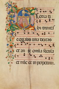 Manuskriptblatt mit der Dreifaltigkeit in einem Initial G, aus einem Antiphonar, Italien, 2. Hälfte des 15. Jahrhunderts