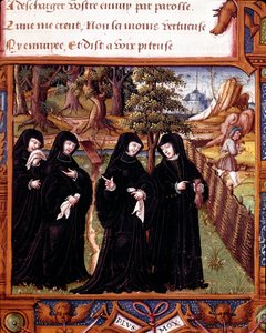 Darstellung der Königin von Navarra, Margarita von Angoulême, im Gespräch mit ihren Begleiterinnen von Master of the Rohan Hours