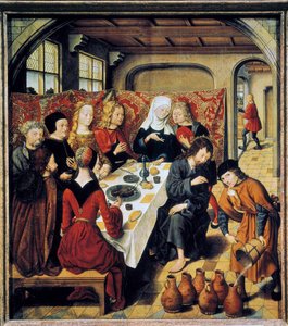 „Die Hochzeit zu Kana“ Gemälde des Meisters des Altars von St. Bartholomäus (16. Jahrhundert) (flämische Schule) Laeken. Königliche Museen der Schönen Künste von Master of the Saint Bartholomew Altarpiece
