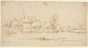 Landschaft mit einem Dorf mit Wassergraben, 1559-1561 von Master of the Small Landscapes