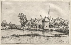Ansichten von Dörfern in Brabant und Campine: Ein Dorf mit Wassergraben, um 1561 von Master of the Small Landscapes
