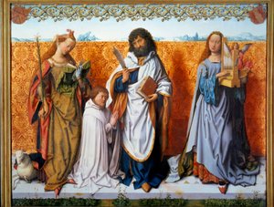 Zentraltafel des Altars von St. Bartholomäus: Heilige Agnes, Bartholomäus und Heilige Cäcilia mit einem Stifter von Master of the St. Bartholomew Altarpiece