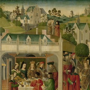 Hochzeitsfest der Heiligen Elisabeth von Ungarn und Ludwig von Thüringen auf der Wartburg, innerer linker Flügel eines Altars für die Grote Kerk in Dordrecht von Master of the St Elizabeth Panels