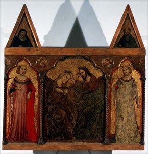 Triptychon: Krönung der Jungfrau flankiert von zwei Heiligen von Master of the Urbino Coronation