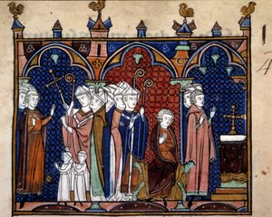 Ordnung der Weihe und Krönung der Könige von Frankreich: Ankunft des Königs in der Kathedrale, der König sitzt auf seinem Thron, Bischöfe, Mönche und Kleriker. Miniatur aus dem 
