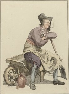 Mann sitzt auf dem Rand einer Schubkarre von Mathias de Sallieth