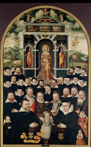 Allegorisches Panel, das die Jungfrau, Henri IV (1553-1610) und Höflinge, Stifter, seine Frau und Mitglieder ihrer Familie darstellt von Mathieu Prieur
