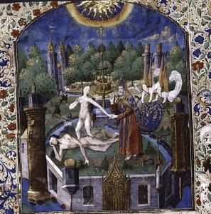 Die Erschaffung Evas aus dem Körper des schlafenden Adams aus De cleres et nobles femmes von Giovanni Boccaccio, 1450-1475