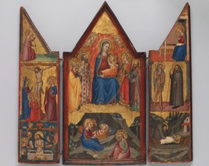 Madonna und Kind auf dem Thron mit Heiligen... und darunter die Geburt..., ca. 1380-90
