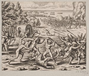 Sobald sie das Lager der Wilden erreichten, sah Herr St. John 300 Kariben von Matthäus Merian d.Æ.