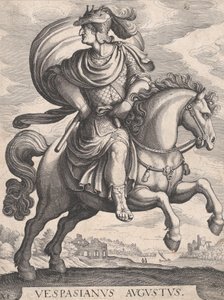 Kaiser Vespasian zu Pferd, aus der Serie Die ersten zwölf römischen Kaiser, Platte 1..., 1610-50 von Matthaus Merian