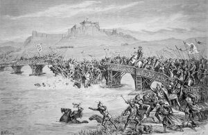 Der Einsturz der Brücke während der Schlacht von Stirling Bridge im Jahr 1297, graviert von Roberts von Matthew White (after) Ridley