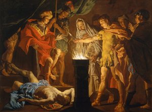 Mucius Scaevola vor Lars Porsenna, um 1640er von Matthias (c.1600-p.1650) Stomer