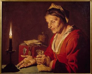 Geiz (Eine alte Frau betrachtet ihre Goldmünzen im Kerzenlicht) von Matthias (c.1600 p.1650) Stomer