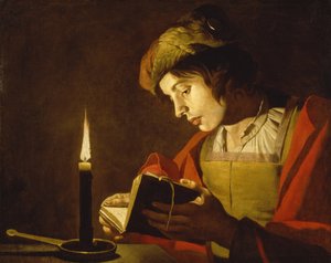 Ein junger Mann liest bei Kerzenlicht von Matthias (c.1600 p.1650) Stomer