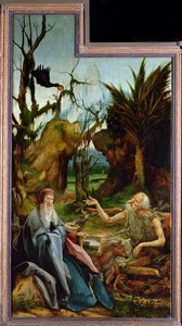 Der Isenheimer Altar. Linker Flügel: Begegnung von St. Antonius und St. Paulus dem Einsiedler in der Wüste