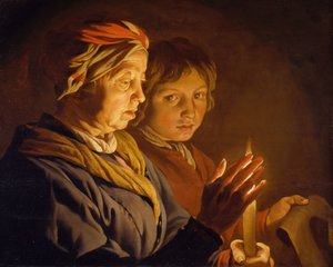 Alte Frau und ein Junge bei Kerzenlicht, 1630-1650 von Matthias Stomer