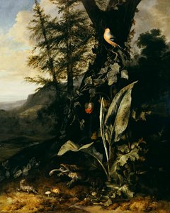 Ein Waldboden mit einer Kröte und einer Eidechse, ein Gimpel auf einem Efeuzweig darüber und ein Berg im Hintergrund von Matthias Withoos