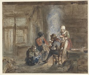 Interieur mit einer Familie um einen Herd