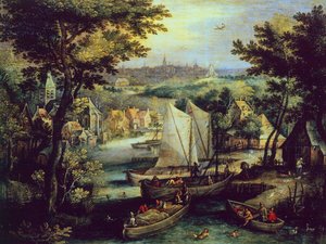 Flusslandschaft, von Mathys Bril Jünger (1550-1583) von Matthijs the younger Bril
