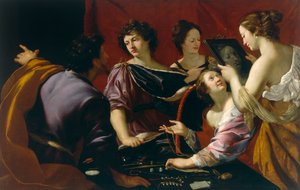Tasso am Hof von Ferrara (oder Allegorie der fünf Sinne), (Detail) ca. 1630-90 von Mattia Preti
