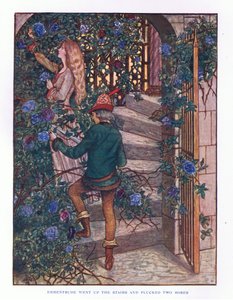 Ermentrude ging die Treppe hinauf und pflückte die Rosen, Illustration aus Lady Anns Märchen, 1914