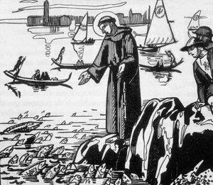 Der heilige Franz von Assisi predigt den Fischen in Rimini, graviert von Jacques Beltrand nach einer Zeichnung von Maurice Denis von Maurice (after) Denis