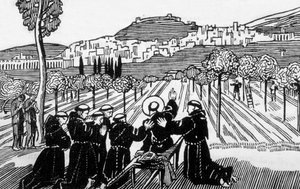 Tod des heiligen Franziskus von Assisi, der die Stadt Assisi segnet, graviert von Jacques Beltrand nach einer Zeichnung von Maurice Denis von Maurice (after) Denis