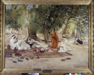 Das Gastmahl der Gastfreundschaft. Szene aus dem arabischen Leben in der Oase Chelma bei Biskra, Algerien. Gemälde von Maurice Bompard (1857-1936) 1891 von Maurice Bompard