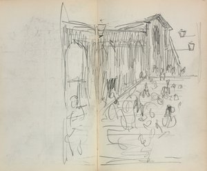 Italienisches Skizzenbuch: Brücke mit Figuren Seite 95 & 96, 1898-1899 von Maurice Brazil Prendergast