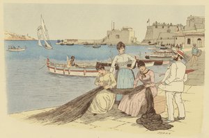 Ein Mann plaudert mit einer Gruppe von Frauen, die Fischernetze in der Stadt Villefranche, Frankreich, flicken (Farblithografie) von Maurice Charles Mathieu Bonvoisin